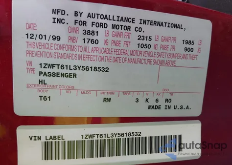 2000 Mercury Cougar V6 z USA, uszkodzony, nr VIN 1ZWFT61L3Y5618532